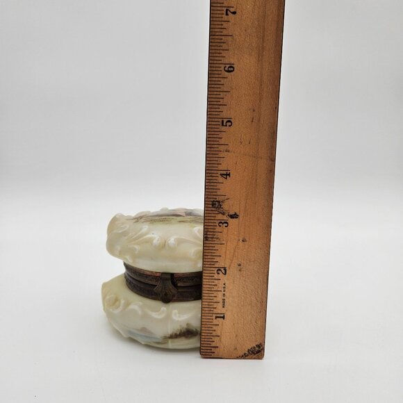 Antique Wave Crest Vanity Trinket Box Painted Cherub Carrying Fish Net Scene - Picture 9 of 13